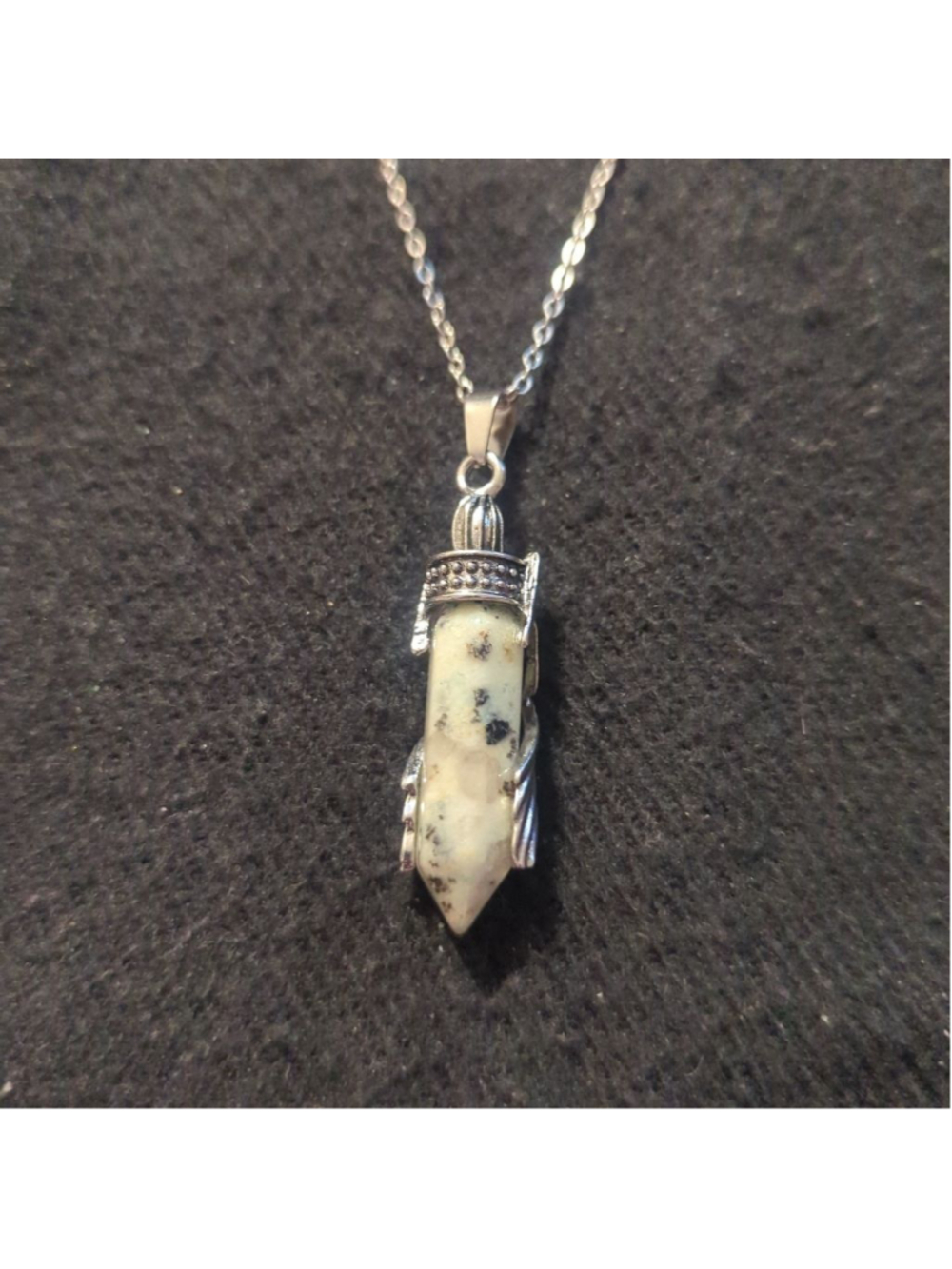Silver Tone White and Black Dalmatian Jasper Gemstone Point Pendant Necklace